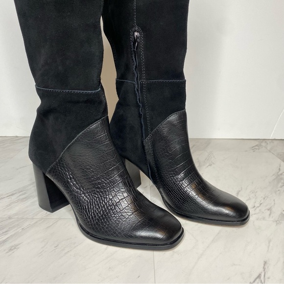 Dolce Vita Fynn Black Suede Crocodile Embossed Leather Heeled Tall Boot 8 - Picture 13 of 16